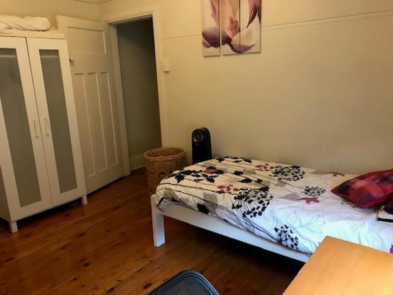 Room includes single bed, desk, chair, wardrobe, chest of draws, fan and a heater.
